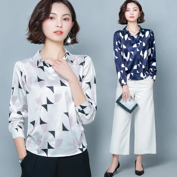 Korėjos Mados Moterų Šilko Marškinėliai Moteris Satin Palaidinės Spausdinti Marškiniai Plius Dydis Blusas Mujer De Moda 2020 Blusas Femininas Elegante