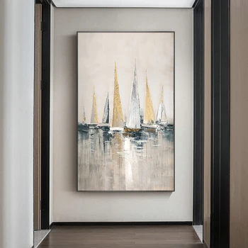 Sklandžiai ranka-dažytos Abstrakčiai Aliejaus Tapybai Namų Dekoratyvinis Dažymas Vertikali Versija Įėjimo Koridoriuje Šviesos Aukso Lapų Paveikslų M