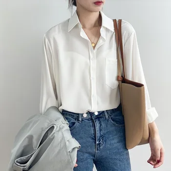 2020 m. Rudenį Moterų Balta Palaidinė Pasukite Žemyn Apykaklės marškinėliai ilgomis Rankovėmis Viršūnes Palaidinės Office lady prašmatnus Elegantiškas Palaidinė Balta Marškinėliai