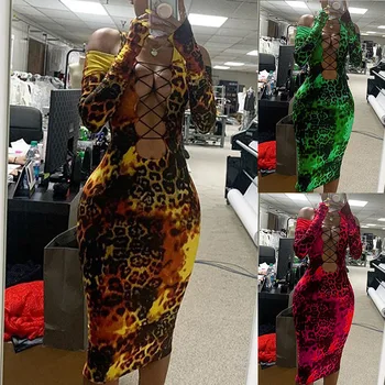 Moterų Pavasario Žiemos Midi Suknelė Visiškai Rankovės Leopard Print Suknelė Tuščiaviduriai Iš Klubo Naktį Šalies Seksualus Tvarstis Bodycon Suknelės Vestidos