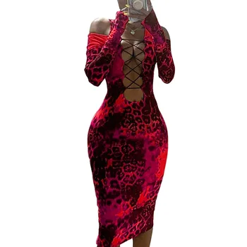 Moterų Pavasario Žiemos Midi Suknelė Visiškai Rankovės Leopard Print Suknelė Tuščiaviduriai Iš Klubo Naktį Šalies Seksualus Tvarstis Bodycon Suknelės Vestidos