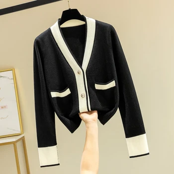 Elegantiškas V-kaklo, ilgomis rankovėmis megzti megztinis moterims korėjos kratinys kišenėje laisvas megztinis 2020 m. rudenį Modis viršūnes baltas juodas