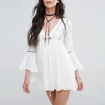 TEELYNN boho giliai v kaklo mini suknelė moterų paplūdimio drabužiai skraiste medvilnės, baltos spalvos 2020 metų vasaros suknelės vestidos atsitiktinis tunika trumpą suknelę