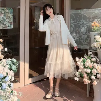 Balta Elegantiška Suknelė Moterims Atsitiktinis Ilgomis Rankovėmis Nėrinių Pasakų Šalis Suknelė Saldus Aukšto Juosmens Lankas Moterų Vientisas Rudenį 2020 Korėjos