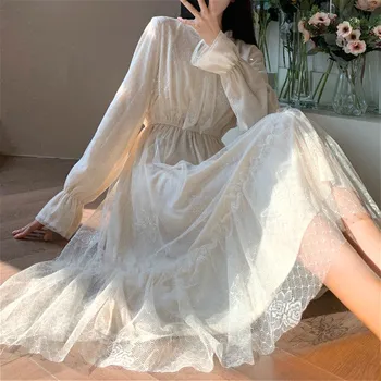 Balta Elegantiška Suknelė Moterims Atsitiktinis Ilgomis Rankovėmis Nėrinių Pasakų Šalis Suknelė Saldus Aukšto Juosmens Lankas Moterų Vientisas Rudenį 2020 Korėjos