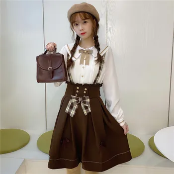 Preppy stilius studentų retro saldus lolita rinkiniai suknelė senovinių nėrinių bowknot peter pan apykaklės aukštos juosmens viktorijos suknelė kawaii girl