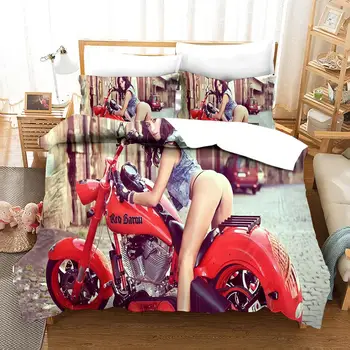 Patalynės Komplektas, 3D Motociklo Grožį Sexy Mergina Spausdinti Antklode Padengti su Užvalkalai Karalienė King Size Šalikas Nustatyti Patalynė 2/3PCS