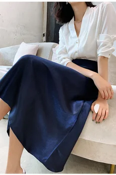 Elegantiškas Moteris Satino Sijonas 2020 Metų Vasaros Aukšto Juosmens Midi Blizgančio Šilko Imitacija Metallic Blue Šalies A Linijos Sijonai Dugnas