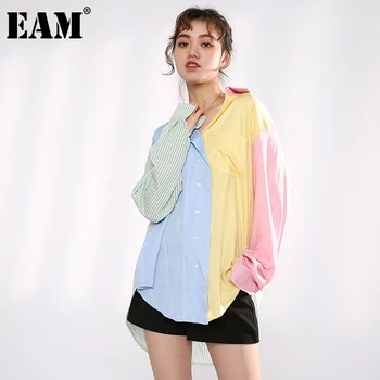 [EAM] Moterys Geltona Mėlyna Dryžuotas didelio Dydžio Palaidinė Naujas Atvartas ilgomis Rankovėmis Loose Fit Marškinėliai Mados Banga Pavasario Rudens 2021 1DD063307