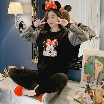 Disney Mickey Mouse Moterų Fannel Šiltas Sleepwear Pavasario Pižama Nustatyti Minnie Pijama Ilgai Pižamos Kostiumas Moterų Mujer Naktiniai Drabužiai