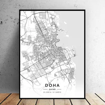 Juoda ir Balta Dohoje (Kataras Platuma, Ilguma, Drobė Meno Žemėlapį Plakatas