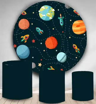 Apskritimo fone turas Kosmoso Nuotraukų Fone Animacinių filmų Išorinės Planetos Žvaigždėto Dangaus Raketų Laivas Berniukas Gimtadienio dekoras Reklama vinilo