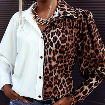 2021 M. Pavasarį, Rudenį Leopard Kratinys Palaidinė Marškinėliai Moterims Seksualus Turn-Žemyn Apykaklės Viršūnes Office Lady Mygtuką Atsitiktinis Ilgomis Rankovėmis Blusa