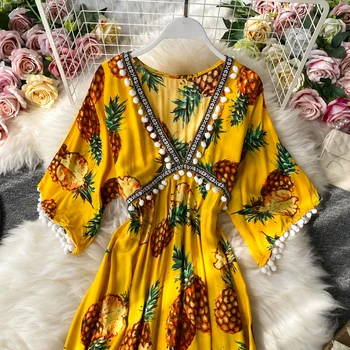 Bohemijos Vasaros Spausdinti Paplūdimio Suknelė Moterims Rudenį 2020 Seksualus V-kaklo Aukštos Juosmens-line Geltona Kutas Šalis Suknelės Moterų Apdaras Mujer