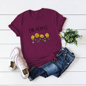 Saulėgrąžų Spausdinti Pagrindinis Medvilnės Tees Ew Žmonės Laišką Moterys T Shirts Harajuku Atsitiktinis Viršūnes Ponios Streetwear Negabaritinių Gėlių T-shirt