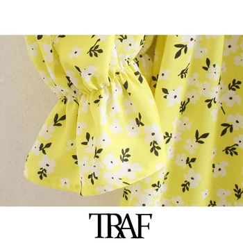 TRAF Moterų Elegantiškos Mados Gėlių Spausdinti Priekiniai Ritininės Midi Suknelė Vintage Backless Sluoksniuotos Rankovėmis Moterų Suknelės, Vestidos Mujer