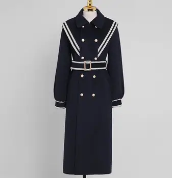 Moterų karinio jūrų Laivyno vintage stiliaus Dvigubo breasted Vilnoniai paltai Rudenį, Žiemą Classic Slim vilnos mišiniai, Ilgas Paltas
