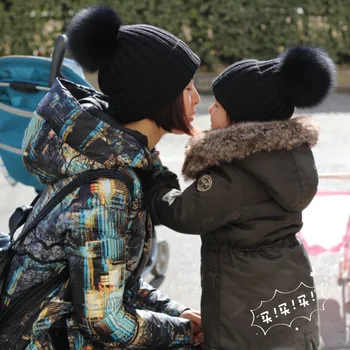 Lapės kailių žiemos skrybėlę moterų, mergaičių pompom skrybėlės Beanies megzti moteriški meškėnas kailių pom pom bžūp Tėvų-vaikų kepuraitė