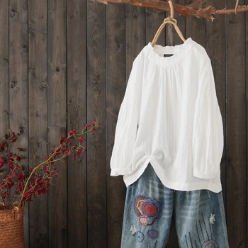 2021 ZANZEA Pavasario Pynimas Vintage Marškinėliai Moterims Medvilnės Palaidinė Atsitiktinis ilgomis Rankovėmis Marškinėliai Kieto Tunika Viršūnes Blusas Chemise