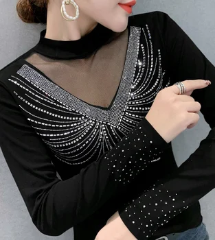 Nauja laisvalaikio drabužių deimantų lady office marškinėliai 2021 elegantiškas mados ilgomis rankovėmis moterims topai pavasario
