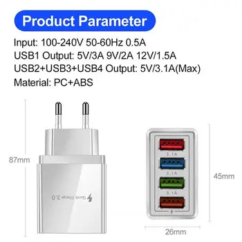 4-Port USB Sienos QC3.0 Greito Įkrovimo USB Elektros tinklo lizdo Ir Laidu Kelionės USB Lizdo Prijungti 