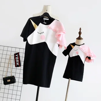 2020 Vienaragis Tėvų-Vaikų Suknelė Kūdikių mergaičių Atitikimo Apranga, Motina-Dukra T-Shirt Įdegio Spausdinti korėjos Stiliaus Nėrinių Suknelė