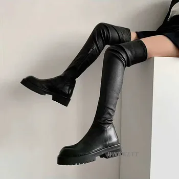 Ruožas rudenį, žiemą per kelius siekiantys batai moterims, juoda storio apačioje butas kulno platforma batai aukštakulniais batais elastinga ilgi batai