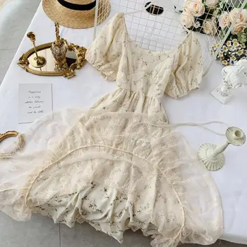 Vasaros Fairy Dress Moterų Prancūzų Stiliaus Vintage Retro Šifono Suknelė Sluoksniuotos Rankovėmis Atsitiktinis Elegantiškas Gėlių Spausdinti Suknelė Moterims 2020 Naujas