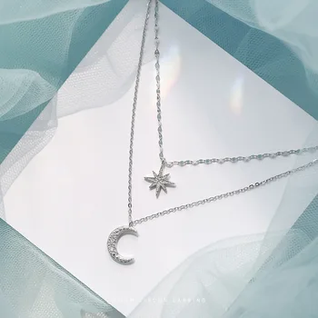 Moterų Mados Karoliai Sidabro Padengtą Mėnulis ir Šešių Žvaigždžių Dvigubo Sluoksnio Grandinės Nuorodą Pakabukas Kaklo Moterims Fine Jewelry