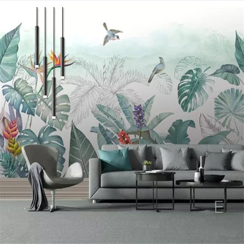 Freskos papel de parede Užsakymą tapetai Šiaurės ranka-dažytos mažų šviežių tropinių augalų, gėlių ir paukščių fone freskomis