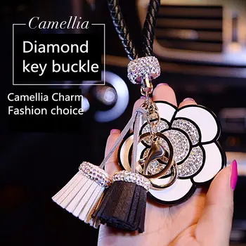 Prabangūs krištolo Keychain Camellia Trumpas Kutai Automobilio Raktų Žiedas Inkrustacijos kalnų krištolas PU Virvę Klavišą Camellia Stiliaus Key Chain Pakabukas