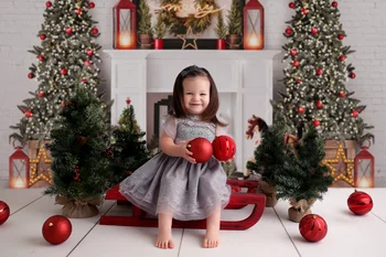Kalėdų Fonas, Židinys Kalėdų Medžio Apdaila Fotografijos Fonas Baltas Plytų Sienos, Photocall Fono Foto Studija
