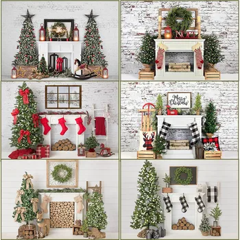 Kalėdų Fonas, Židinys Kalėdų Medžio Apdaila Fotografijos Fonas Baltas Plytų Sienos, Photocall Fono Foto Studija