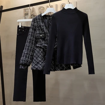 Plius dydis moterų žiemos 3 gabalus nustatyti streetwear juodas megztinis+tvido ilgomis rankovėmis kailis ir džinsinio audinio ilgos kelnės tinka moterims, drabužiai