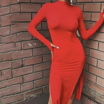 InstaHot ilgomis Rankovėmis Rudenį Moterų Suknelė Padalinta Seksualus, Elegantiškas Šalis Office Lady Plonas Kietas Juodas Raudonas Kelio Ilgis 2020 Suknelės