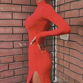 InstaHot ilgomis Rankovėmis Rudenį Moterų Suknelė Padalinta Seksualus, Elegantiškas Šalis Office Lady Plonas Kietas Juodas Raudonas Kelio Ilgis 2020 Suknelės
