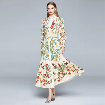 2020 m. Rudens Tako Maxi Suknelė Moterų ilgomis Rankovėmis Stovėti Puošnus Gėlių Spausdinti Ilga Suknelė Moterų Mygtukus aukštyn Varčias Atostogų Suknelė