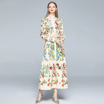 2020 m. Rudens Tako Maxi Suknelė Moterų ilgomis Rankovėmis Stovėti Puošnus Gėlių Spausdinti Ilga Suknelė Moterų Mygtukus aukštyn Varčias Atostogų Suknelė