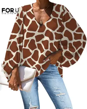 FORUDESIGNS Ruda Moterų Ilgas Rankovėmis Palaidinė Zebra Žirafa Modelis Atitiktų Džinsai Super Plonas Vintage Drabužius Mergaitėms XXL Plius Dydis