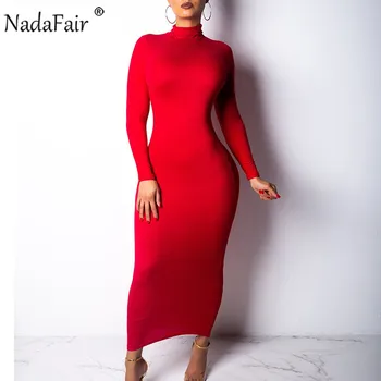 Nadafair Seksualių Moterų Suknelė Ilgomis Rankovėmis Golfo Rudens Žiemos Kietas Atsitiktinis Pagrindinio Juoda Balta Bodycon Slim Maxi Suknelė Moterims