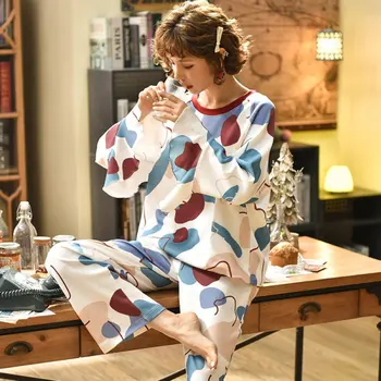 Moterų Pižama Nustatyti Medvilnės Atsitiktinis Homewear Moteriškos Pižamos Kelnės Rudenį Sleepwear Namų Kostiumą, Jaunimo, Moterų Pižama, 2-piece Set