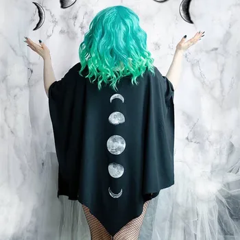 Umeko Gotikos Mėnulio Fazės Juodas Apsiaustas Moterų Rudenį, Žiemą Geometrinis Y2k Grafinis Goth Outwear Didžiuliais Neteisėtų Pončai Ponios