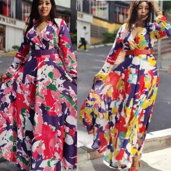 Afrikos Spausdinti Suknelė Moterims 2021 M. Pavasario Vasaros Boho Ilgas Elegantiškas Suknelės Ilgomis Rankovėmis Šifono Skraiste Africaine Vakaro Suknelės, Šaliai