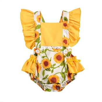 2020 Naujas Vasaros 0-24M Todder Baby Girl Saulėgrąžų Spausdinti Geltona Suknelė Stiliaus Bodysuit Užsiliepsnojo Trumpas Rankovės Sagos Nėrinių Juosteles