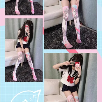 Mados 3D Atspausdintas Moterų Šilko Kojinės aukštakulniais Kelio Anime ir Animacinių filmų Elastinga Asmeninį Cosplay Rožinė Plonas Cute Girl Kojinės