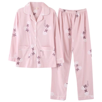 Moterų Minkštas Medvilnės Pižama korėjos PJ ilgomis Rankovėmis Pijama Mygtuką Žemyn Pavasario Sleepwear Nustatyti Ponios Bedgown naktiniai marškinėliai Moterims
