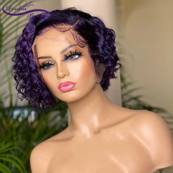 Violetinė Trumpa Culry Bob Balinti-Mazgai Nėriniai Priekiniai Žmogaus Plaukų Perukai Banga 180% Tankis Brazilijos Remy Plaukų Grožio Svajonė