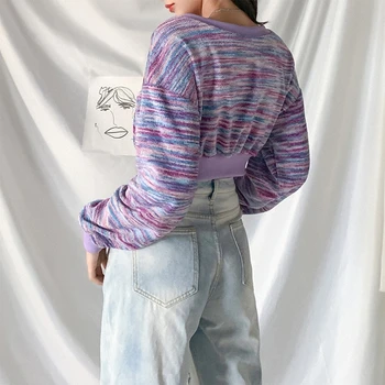 Moterų Ilgas Rankovėmis V-Kaklo Džemperis Spalvinga Juostelės Mezgimo Nėrimo Violetinė Pasėlių Viršuje Harajuku Laisvas Megztinis Megztinis Streetwear