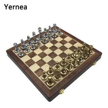 Naujas Medinis Sulankstomas Šachmatų Lentos Retro Metalo Lydinio Šachmatų Šachmatų Žaidimo Rinkinys Aukštos Kokybės Šachmatų Lentos Dovana Pramogų Yernea