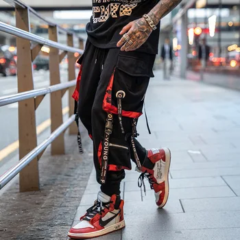 Hip-Hop Poilsiu Vyrų Laišką Juostelės Krovinių Kelnės Kišenės Kelio Taktinis Atsitiktinis Techwear Vyriškos Kelnės Sweatpants Sporto Streetwear